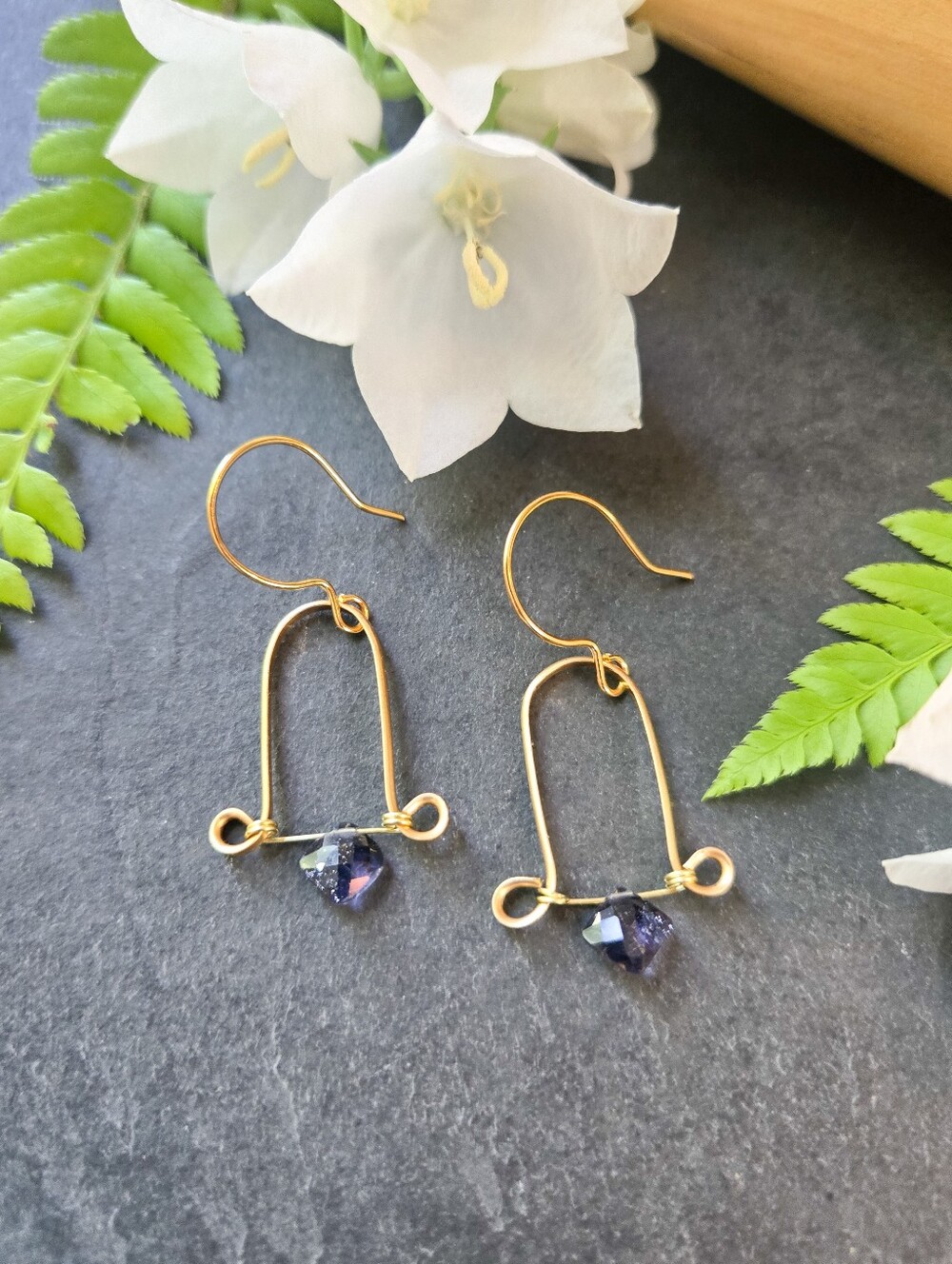 NWT Artisan-Made Dainty Iolite Brass Arc Earrings